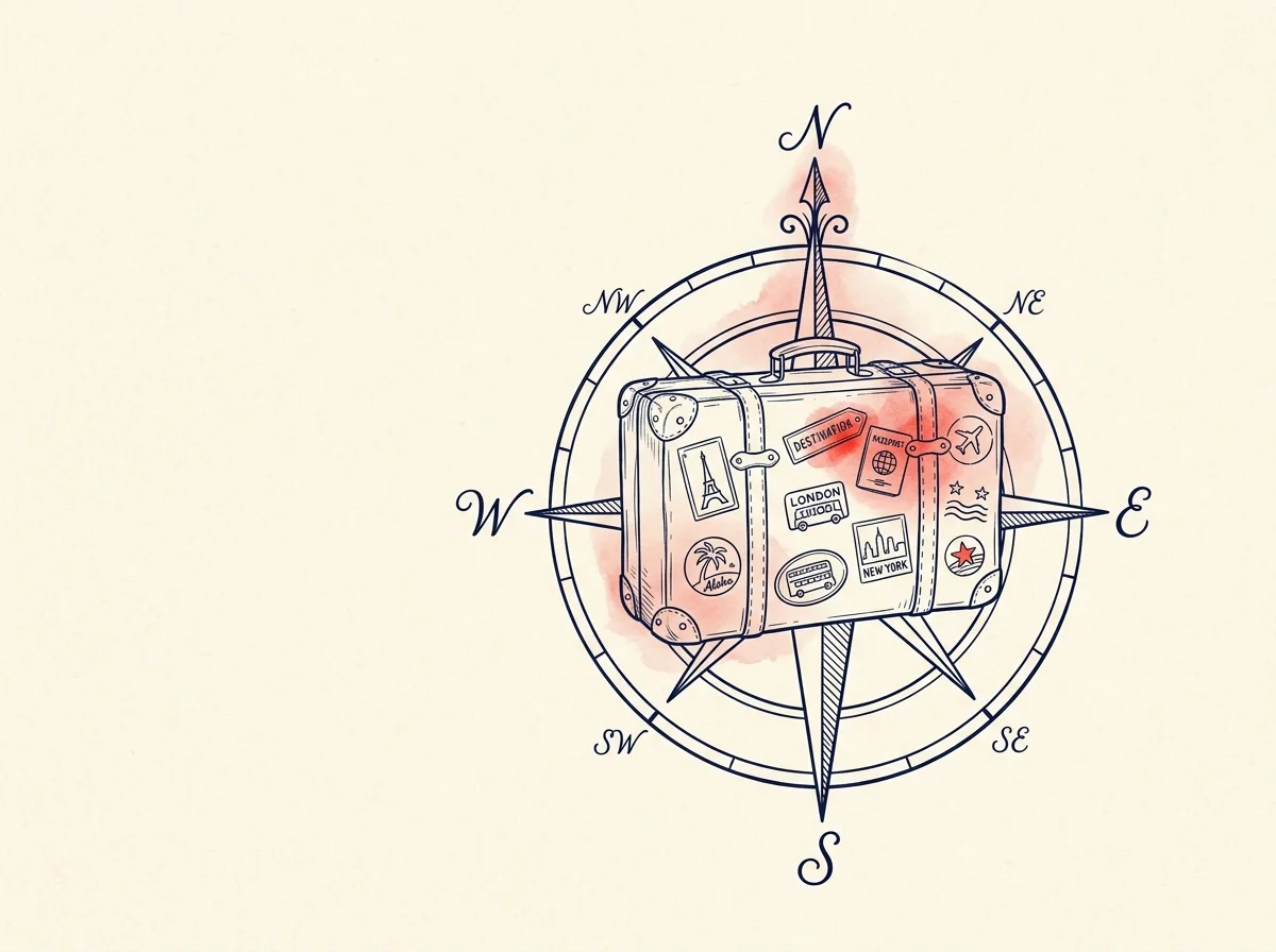 Ilustracja: kompas i walizka z naklejkami