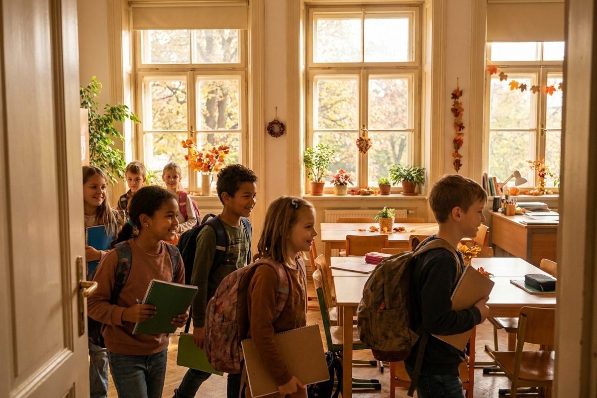 Uczniowie wchodzący do sali na początku roku szkolnego